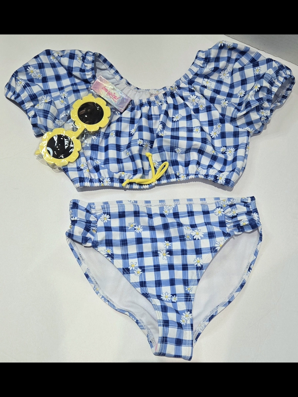 Bmagical Girls Blue Gingham Daisy Bikini Set with UV Protection